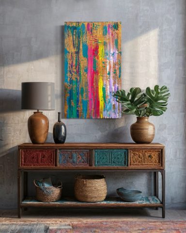 Bunte Wandkunst über einer modernen Kommode mit Pflanzen und dekorativen Vasen.