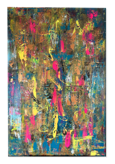 Bunte abstrakte Kunst mit überwiegend blauen, pinken und gelben Farbstrichen.