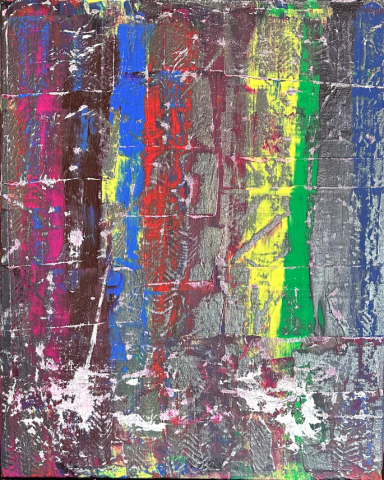 Bunte, strukturierte Farbstripes in verschiedenen Farben auf einer metallischen Oberfläche.
