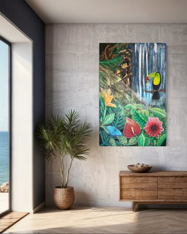 Buntes Gemälde mit Blumen und einer Wasserfall-Szene in einem modernen Raum.