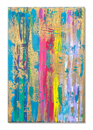 Bunte abstrakte Malerei mit blauen, pinken und goldenen Farbstrichen.