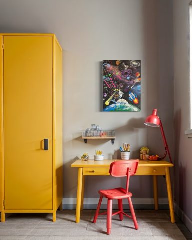 Ein gelber Schrank neben einem roten Schreibtisch und Stuhl vor einer bunten Kunstleinwand.