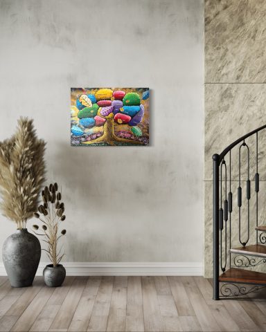 Buntes Wandbild mit vielen farbigen Kieselsteinen, dekorativ an einer Wand.