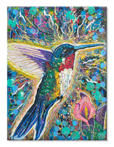 Bunter Kolibri vor einem leuchtenden, abstrakten Hintergrund mit Blumenmotiven.