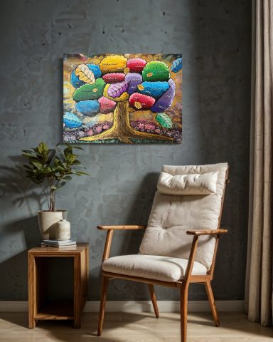 Bunte Steine in verschiedenen Farben vor einer grauen Wand, neben einem Sessel und einer Pflanze.