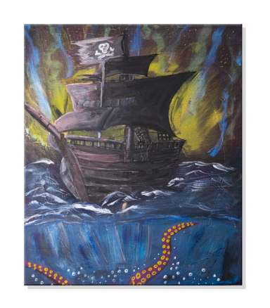 Piratenschiff segelt durch stürmische Gewässer, umgeben von leuchtenden Farben.