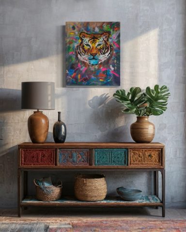 Bunte Wandkunst eines Tigers über einem Holzschrank mit Pflanzen und Vasen.