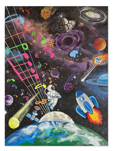 Bunte Weltraumszene mit Musiknoten, Planeten, einem Astronauten und einer Rakete.
