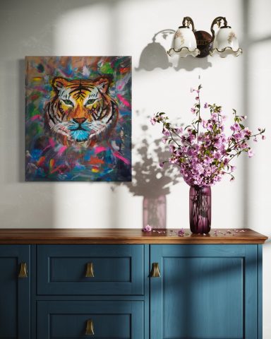 Tiger-Gemälde an einer Wand über einer blauen Kommode mit blühenden Vasen.