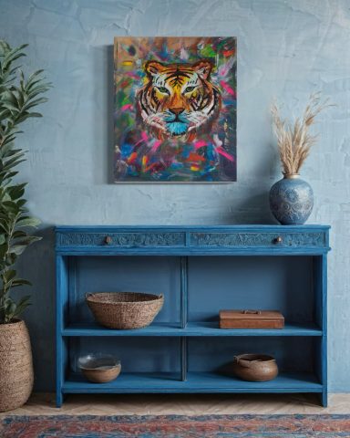 Bunte Tigerleinwand über einem blauen Sideboard mit Pflanzen und Dekorationsobjekten.