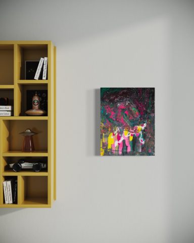 Buntes abstraktes Gemälde mit pinken, gelben und grünen Farbtönen an einer weißen Wand.