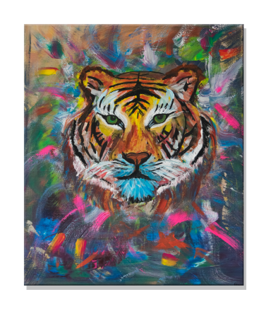 Ein farbenfrohes Porträt eines Tigers mit lebhaften Pinselstrichen.
