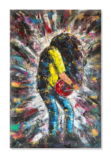 Gitarrist mit roter Gitarre mit buntem Hingergrund