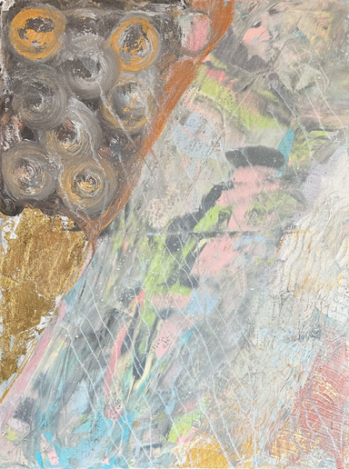 Abstraktes Kunstwerk mit sanften Farben, Flächen und kreisförmigen Elementen.