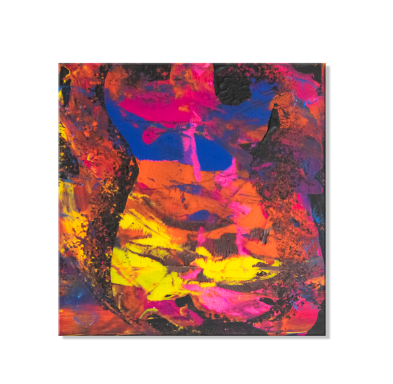Bunte abstrakte Komposition mit roten, blauen und gelben Farbtönen.