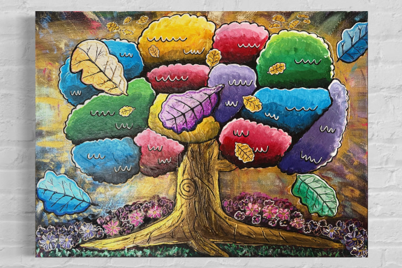 Bunter Baum mit bunten Blättern auf einem kreativen, farbenfrohen Hintergrund.