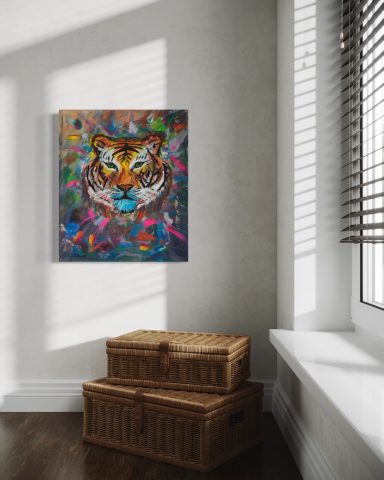 Buntes Gemälde eines Tigers in einem modernen Raum mit Korbgestellen.