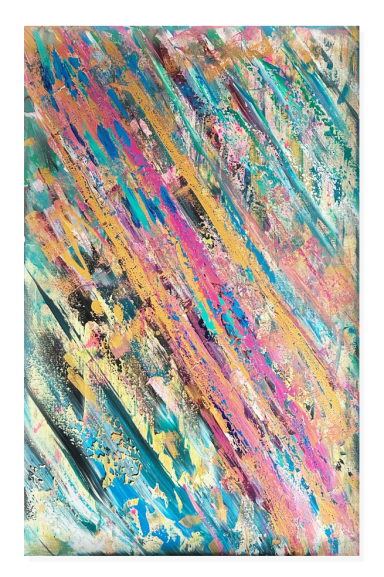 Bunte, abstrakte Farbstriche in Blau, Pink und Gold auf hellem Hintergrund.