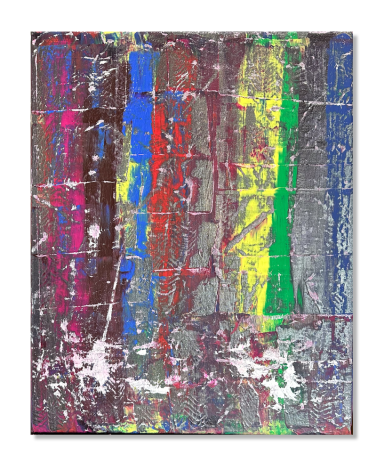 Abstrakte Kunst mit bunten Streifen in Blau, Rot, Gelb und grün auf grauem Hintergrund.